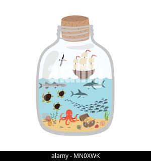Cartoon underwater world in a bottle, fish, sharks, turtles, octopus, treasure chest, ship. Stock Vector