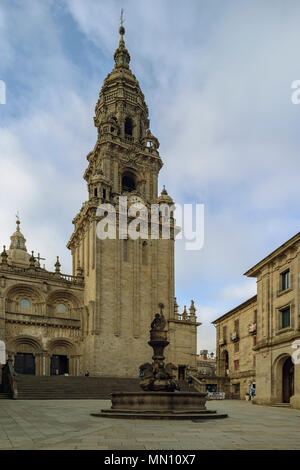 Historic center, source in plaza platerias, in the background the cathedral of Santiago de Compostela, province of La Coruna, region de Galicia, Spain Stock Photo