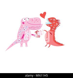 Bright cheerful card with loving dinosaurs on white background Stock Vector