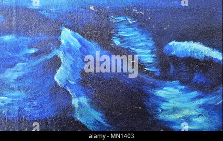 High dark blue waves painted blue watercolor on canvas. Texture, background, wallpaper Stock Photo
