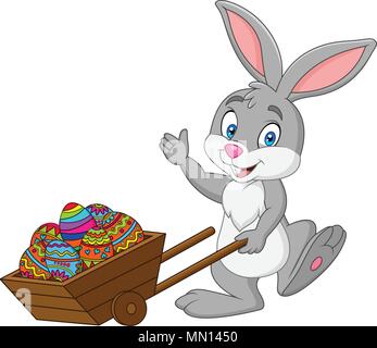 Cartoon rabbit pushing cart full of Easter eggs Stock Vector