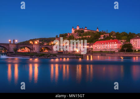 Beautiful stunning view of Wurzburg Old Main Bridge over the Main river and the Castle in the Old Town of Wurzburg, Bavaria, Germany - part of the Rom Stock Photo