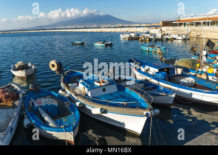 Castellammare di Stabia, Gulf of Naples, Italy - fishermen boats, blue sea and Vesuvius volcano Stock Photo