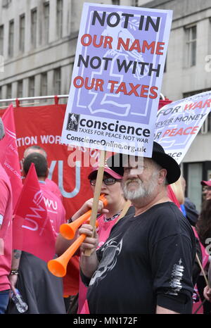 London, UK. 12th May 2018. Members of the Unite union marching on the TUC march and rally. Protests against the current government policy have united great crowds of people, groupings and trade unions in London in the march 'NewDeal'in London #TUCnewdeal #TimeUpTories #NewDeal #TUCnewdeal #tradeunion. Credit: Marcin Libera Credit: Marcin Libera/Alamy Live News Stock Photo