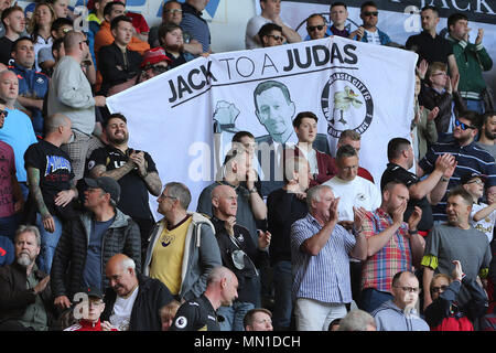 Swansea, Wales, UK. 13th May, 2018. Swansea city fans hold up banners protesting against the clubs owners during the Premier League match, Swansea city v Stoke city at the Liberty Stadium in Swansea, South Wales on Sunday 13th May 2018.  this image may only be used for Editorial purposes. Editorial use only, license required for commercial use. No use in betting, games or a single club/league/player publications. pic by Andrew Orchard/Andrew Orchard sports photography/Alamy Live news Stock Photo