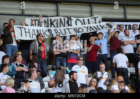 Swansea, Wales, UK. 13th May, 2018. Swansea city fans hold up banners protesting against the clubs owners during the Premier League match, Swansea city v Stoke city at the Liberty Stadium in Swansea, South Wales on Sunday 13th May 2018.  this image may only be used for Editorial purposes. Editorial use only, license required for commercial use. No use in betting, games or a single club/league/player publications. pic by Andrew Orchard/Andrew Orchard sports photography/Alamy Live news Stock Photo