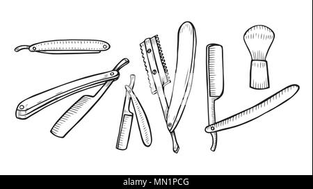 Monochrome illustration of straight razor and shaving brush. Isolated on white background Stock Vector