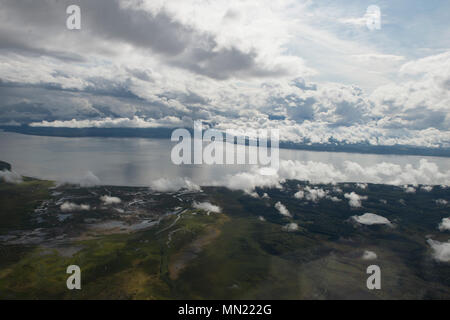 Alaska is a U.S. state in the northwest extremity of North America. The archival image records terrain viewed from the flight deck of a Lockheed C-130 Hercules during Red Flag-Alaska 17-3, a multinational air combat training exercise conducted by the United States Air Force. Stock Photo