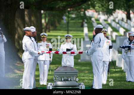 The U.S. Navy Ceremonial Guard participates in the graveside service for U.S. Navy Fire Controlman Chief Gary Leo Rehm Jr. at Arlington National Cemetery, Arlington, Va, Aug. 14, 2017.  Rehm perished when the USS Fitzgerald (DDG 62) was involved in a collision with the Philippine-flagged merchant vessel ACX Crystal on June 17, 2017.  U.S. Navy  posthumously promoted Rehm to Fire Controlman Chief in a ceremony earlier this week. (U.S. Army photo by Elizabeth Fraser / Arlington National Cemetery / released) Stock Photo