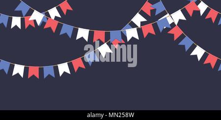Seamless garland with celebration flags chain, white, blue, red pennons on dark background, footer and banner for decoration Stock Vector