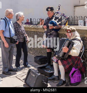 Scotsman,Busker,Bagpipes,Accordian,Players,Kilt,Sporran,High Street,Canterbury,Kent,England,UK Stock Photo