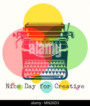 Mono colors retro poster with typewriter. Antique office typewriter in vintage drawing style, creativity writing concept, vector illustration Stock Vector