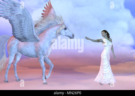 Athena Greek Goddess and Pegasus - Athena, daughter of the Greek God Zeus, beckons to the mythical Pegasus high up in the cloud layers. Stock Photo