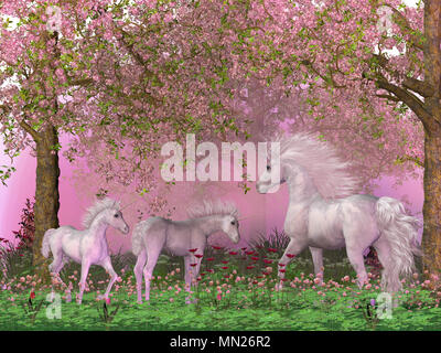 Spring Unicorns - A mother white unicorn frolics with her two foals under spring cherry trees in full blossom. Stock Photo