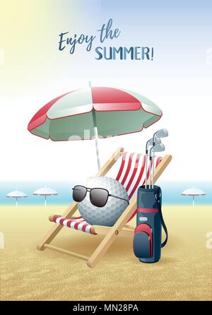 Enjoy the Summer! Sports card. Golf ball with sunglasses, beach umbrella, deck chair and golf bag on the sand beach. Vector illustration. Stock Vector