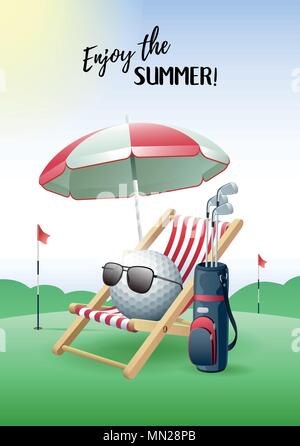 Enjoy the Summer! Sports card. Golf ball with sunglasses, beach umbrella, deck chair and golf bag on the green field. Vector illustration. Stock Vector