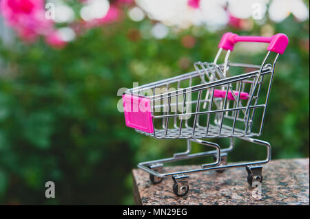 pink miniature shopping cart on blurred background of the garden Stock Photo
