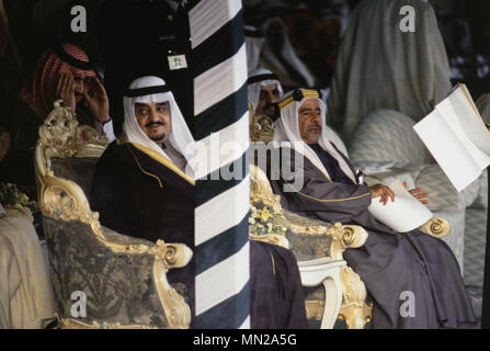 Manama, Bahrain - 26 November 1986 - King Fahd bin Abdulaziz Al Saud and His Royal Highness Shaikh Isa bin Salman Al Khalifa, Emir of the State of Bahrain, at the opening ceremony of the $800 million causeway connecting Bahrain and Saudi Arabia, built by Dutch company Ballast Nedam. Stock Photo