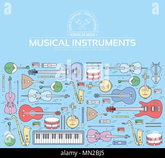 Music instruments on modern wall concept. Icons design for your product or design, web and mobile applications. Vector flat with long shadow illustrat Stock Vector