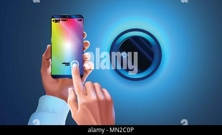 Hue app on phone used to control smart lamp in smart home system. Hands holding smartphone, changing color light wall lapm. Wi-fi remote bulb light. S Stock Vector