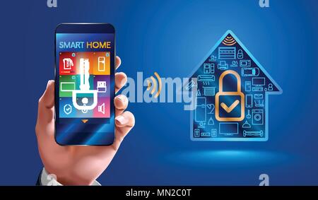 man using smart phone controls smart home devices through a wireless connection. Secure smart home. control of smart home systems is available only fr Stock Vector