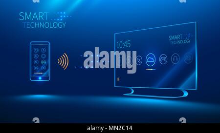 The smart TV is controlled by a smart phone, transmits information via the cloud Stock Vector