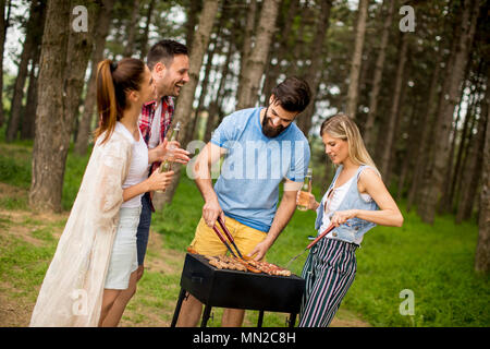 Group of young people enjoying barbecue party in park Stock Photo