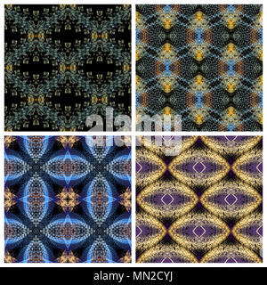 Set of 4 Seamless patterns,  yellow,  blue and lavender, on a black background. Abstract wall-paper for design. Stock Photo