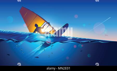 Windsurfing. Young man on wind surfing board flying at waves and touching water surface. Windsurfer on sea landscape. Extreme sport. Stock Vector