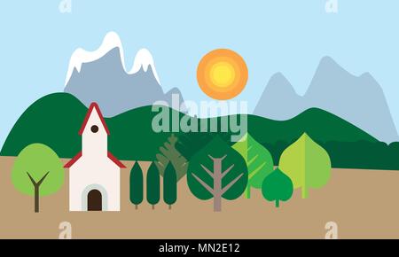 Church with red roof among trees, mountain landscape under blue sky with sun - vector, flat design Stock Vector