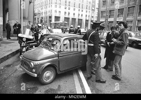 Milan (Italy), police checkpoint in downtown (May 1977) Stock Photo