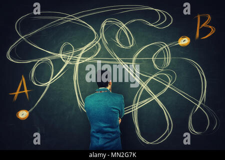 Rear view of a puzzled businessman in front of a blackboard finding the correct way from point A to point B. Solving problem, find solution, business  Stock Photo