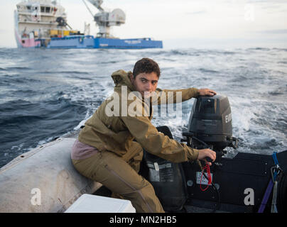 170816-N-SF508-004 ATLANTIC OCEAN (Aug. 16, 2017) A Sailor assigned to  Explosive Ordnance Disposal Mobile Unit (EODMU) 2, Expeditionary Mine  Countermeasures Company (ExMCM Co.) 202, drives a Mark 5 Combat Rubber  Raiding Craft