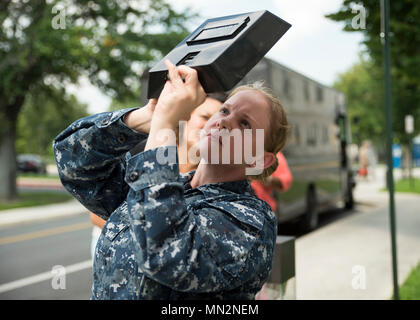 Solar eclipse is an astronomical event in which the Moon moves between Earth and the Sun causing partial or total obscuration depending on location. The archival image records observation of the Aug. 21, 2017 eclipse at Naval Support Activity Bethesda in Maryland where the Sun was about 80 percent eclipsed. Stock Photo