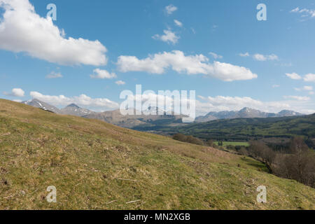 Crianlarich Hills, from Tyndrum, Scotland, UK  - with munros from left to right Ben More, Stob Binnein, Cruach Ardrain Stock Photo