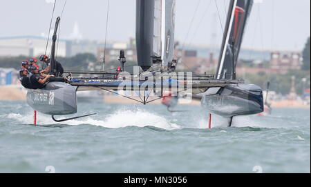 PORTSMOUTH, ENGLAND - JULY 24: Ben Ainslie skipper of The Land Rover Bar team yacht in race trim  on July 24, 2016 in Portsmouth, England. Stock Photo