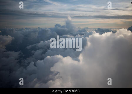 Hurricane Harvey was a 2017 Atlantic hurricane monitored through airborne meteorological missions by the U.S. Air Force Reserve. The historical photographic print documents sunset lighting conditions at the cyclone’s outer region viewed from a WC-130J Super Hercules of the 53rd Weather Reconnaissance Squadron. Stock Photo