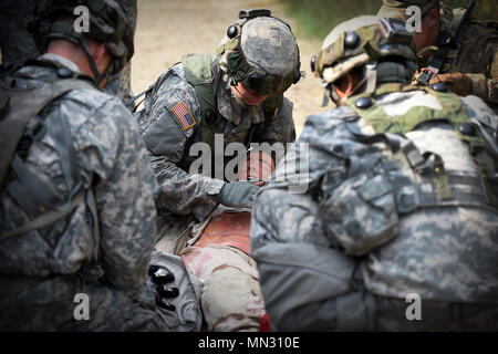 Army Reserve Soldiers assigned to the 693rd Quartermaster Company, Bell, California, treat a casualty after an ambush during Combat Support Training Exercise 86-17-02 at Fort McCoy, Wisconsin, from August 5 – 25, 2017. Thousands of Army Reserve Soldiers joined service members from different service branches to train in a large-scale exercise focused on multi-echelon and multi-functional, realistic, tactical training to challenge and improve the proficiency of leader and collective tasks. One of the key focuses of the CSTX was to return to, and understand basic Soldier skills. The exercise move Stock Photo