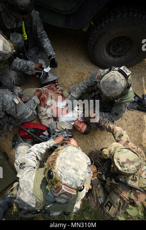 Army Reserve Soldiers assigned to the 693rd Quartermaster Company, Bell, California, treat a casualty after an ambush during Combat Support Training Exercise 86-17-02 at Fort McCoy, Wisconsin, from August 5 – 25, 2017. Thousands of Army Reserve Soldiers joined service members from different service branches to train in a large-scale exercise focused on multi-echelon and multi-functional, realistic, tactical training to challenge and improve the proficiency of leader and collective tasks. One of the key focuses of the CSTX was to return to, and understand basic Soldier skills. The exercise move Stock Photo