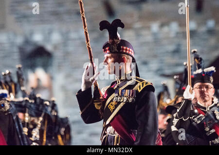 The 1st Battalion Scots Guard Pipes and Drums, along with the Royal Highland Fusilers, 2nd Battalion the Royal Regiment of Scotland perform during the Royal Edinburgh Military Tattoo held at Edinburgh Castle, Scotland, Aug. 25, 2017. This year performers from 50 countries have taken part in the Tattoo, including the U.S. Navy Band, and the Japan Ground Self-Defense Force. (DOD photo by U.S. Navy Petty Officer 1st Class Dominique A. Pineiro) Stock Photo