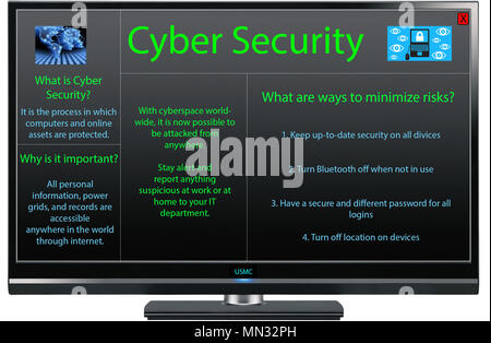 Cyber security is the practice of protecting computer systems, networks, and data from digital attacks and unauthorized access. The archival image from Camp Foster, Okinawa, Japan relates to guidance for the military community on preventing spyware, malware, and tracking threats through updated protective measures and vigilance. Stock Photo
