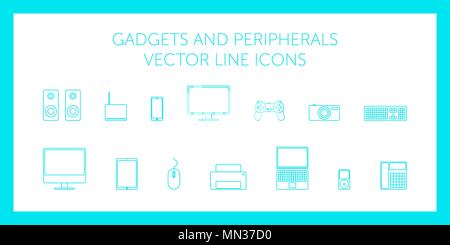 Schematic computer technology  - monitor, laptop, speakers, mouse, keyboard, modem, joystick, camera, printer, phone on white background Stock Vector