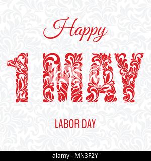 Happe 1 may labor day. Decorative Font made in swirls and floral elements. Background with gray gentle pattern Stock Vector