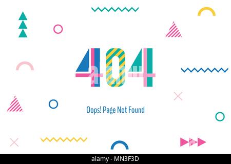 Page with a 404 error in the popular memphis style. Template reports that the page is not found. Digit and geometric elements isolated on white backgr Stock Vector