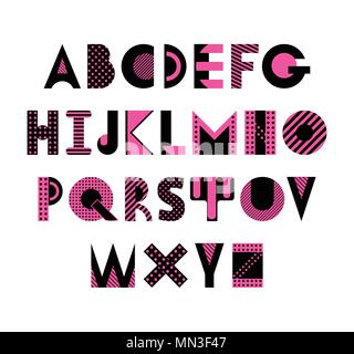 Trendy geometric font. Abstract alphabet in memphis style. Type letters 80s - 90s style. Abc isolated on a white background. Stock Vector