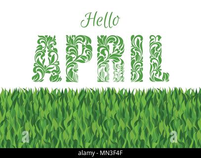Hello APRIL. Decorative Font made in swirls and floral elements isolated on a white background Stock Vector