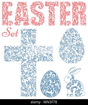 Easter set. Word EASTER, Easter eggs, rabbit and cross  made of swirls and floral elements isolated on a white background Stock Vector