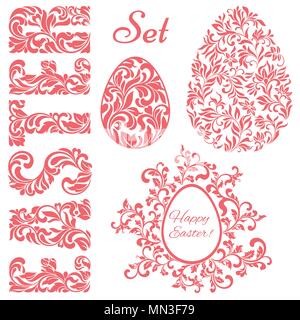 Easter set. Word EASTER and Easter eggs made of swirls and floral elements isolated on a white background Stock Vector