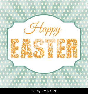 Happy Easter. Decorative Font with swirls and floral elements on a background with rays and eggs. Stock Vector