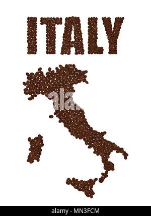 Word ITALY and Map of Italy created from coffee beans isolated on a white background. Stock Vector